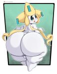  backsack balls big_butt black_eyes blush butt generation_3_pokemon genitals green_sclera hi_res huge_butt humanoid inuzu jirachi legendary_pokemon looking_at_viewer looking_back male nintendo not_furry nude open_mouth pokemon pokemon_(species) solo thick_thighs white_body wide_hips 