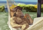  1boy abs bara blurry blurry_background bush closed_eyes glass_bottle grass haikyuu!! hammock highres holding_laptop male_focus muscular muscular_male ocean oikawa_tooru_(haikyuu!!) open_mouth outdoors pectorals photo-referenced simonsuke smile solo sunlight 