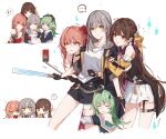  4girls ? absurdres bare_shoulders baseball_bat black_choker black_gloves black_jacket black_skirt braid brown_hair choker closed_eyes collarbone detached_sleeves dress gloves green_hair grey_hair guinaifen_(honkai:_star_rail) hair_ornament highres holding holding_baseball_bat honkai:_star_rail honkai_(series) huohuo_(honkai:_star_rail) jacket long_hair long_sleeves looking_at_another looking_to_the_side medium_hair multiple_girls multiple_views open_clothes open_jacket orange_hair parted_lips shirt simple_background skirt speech_bubble stelle_(honkai:_star_rail) sushang_(honkai:_star_rail) trailblazer_(honkai:_star_rail) white_dress white_shirt yajuu yellow_eyes yin_yang_hair_ornament 