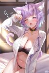  1girl ahoge animal_ears black_choker blunt_bangs blush bra breasts cat_ears cat_girl cat_tail choker cleavage fang highres hololive large_breasts light_rays looking_at_viewer navel neco_meito nekomata_okayu on_bed one_eye_closed open_clothes open_mouth open_shirt panties purple_eyes purple_hair short_hair slit_pupils solo tail tearing_up underwear virtual_youtuber yawning 
