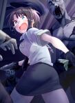  1girl 5to_rai absurdres aqua_eyes breasts brown_hair crying gloves gun hat highres hololive necktie oozora_subaru open_mouth police police_hat police_uniform policewoman short_hair short_sleeves skirt solo streaming_tears tears uniform virtual_youtuber weapon whistle zombie 
