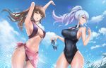  2girls armpits bikini black_one-piece_swimsuit blue_hair breasts brown_hair cleavage covered_nipples cowboy_shot eyewear_removed food_in_mouth gradient_hair hands_up highres holding holding_removed_eyewear large_breasts long_hair looking_to_the_side multicolored_hair multiple_girls navel one-piece_swimsuit orange_eyes original ponytail popsicle_in_mouth purple_hair sideboob sidelocks sky skyde_kei slingshot_swimsuit stretching swimsuit taut_clothes taut_swimsuit thigh_gap thighs wide_hips 