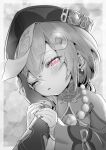  1girl absurdres arm_grab bandaged_arm bandages bangs bead_necklace beads blush coin_hair_ornament earrings genshin_impact greyscale hair_ornament hand_on_another&#039;s_cheek hand_on_another&#039;s_face hat highres jewelry jiangshi long_sleeves looking_at_viewer monochrome necklace ofuda one_eye_closed qing_guanmao qiqi_(genshin_impact) solo_focus sparkle spot_color sukoyaka93 talisman 