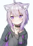  1girl :3 absurdres ahoge akuto_(akuto_desu) animal_ear_fluff animal_ears black_collar black_hoodie blush breasts cat_ears closed_mouth collar commentary finger_to_own_chin hand_up highres hololive hood hood_down hoodie index_finger_raised large_breasts long_sleeves nekomata_okayu nekomata_okayu_(1st_costume) puffy_long_sleeves puffy_sleeves purple_eyes purple_hair short_hair simple_background smile solo upper_body virtual_youtuber white_background 