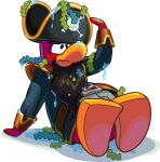  absurd_res avian beard bird black_clothing black_hair black_headwear blue_clothing blue_jacket blue_topwear brown_belt captain_rockhopper clothed clothing club_penguin facial_hair full-length_portrait hair headgear headwear hi_res jacket jolly_rodger male official_art open_clothing open_jacket open_topwear penguin pirate_hat portrait seaweed seaweed_on_head shirt sitting solo topwear unknown_artist white_clothing white_shirt white_topwear 
