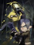  1boy 1other character_request clenched_teeth fingerless_gloves fur-trimmed_jacket fur_trim gloves grey_eyes gun highres holding holding_gun holding_weapon inkling inkling_boy jacket parody parted_bangs resident_evil resident_evil_4 splatana_stamper_(splatoon) splatoon_(series) splatoon_3 splattershot_jr_(splatoon) stup-jam teeth weapon 