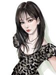  1girl aespa black_hair cheetah_print dress expressionless grey_dress grey_eyes hair_between_eyes highres jewelry k-pop long_hair looking_at_viewer necklace real_life realistic shadow solo white_background winter_(aespa) xiaoya_(horsesmallduck) 