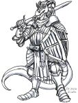  2023 absurd_res anthro armor belt clothed clothing dragonborn_(dnd) dungeons_and_dragons fully_clothed hasbro hi_res holding_object holding_sword holding_weapon jincrath_talmaar male melee_weapon monochrome pen_(artwork) shield simple_background solo standing sword thelivingshadow traditional_media_(artwork) weapon white_background wizards_of_the_coast 