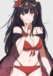  1girl bare_shoulders bikini black_cape black_hair cape commentary cowboy_shot fire_emblem fire_emblem_awakening fire_emblem_heroes grey_background grey_eyes grin highres long_hair looking_at_viewer navel o-ring o-ring_bikini official_alternate_costume peach11_01 red_bikini simple_background smile solo standing stomach swimsuit tharja_(fire_emblem) tharja_(summer)_(fire_emblem) two_side_up very_long_hair 
