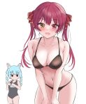  2girls :d animal_ears bikini black_bikini black_one-piece_swimsuit blue_hair blush breast_envy breasts cleavage collarbone fang hatsanxp heterochromia highres hololive houshou_marine leaning_forward long_hair looking_at_viewer multicolored_hair multiple_girls navel one-piece_swimsuit open_mouth rabbit_ears rabbit_girl red_eyes red_hair school_swimsuit simple_background smile solo_focus stomach swimsuit twintails two-tone_hair usada_pekora white_background white_hair yellow_eyes 