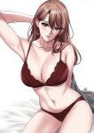  1girl arm_behind_head arm_up armpits bra breasts brown_eyes brown_hair closed_mouth collarbone earrings highres jewelry large_breasts lips long_hair looking_at_viewer mature_female navel oshi_no_ko panties red_bra red_panties saitou_miyako shirt_removed sitting solo stomach thighs underwear underwear_only xter 