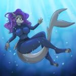  1:1 2019 air_bubble anthro biped breasts bubble claws clothed clothing digital_media_(artwork) ear_piercing eyebrows eyelashes female fish full-length_portrait grey_body grey_scales hair hi_res igazella long_hair looking_at_viewer marine non-mammal_breasts piercing portrait purple_eyebrows purple_hair scales shaded shark solo tail toe_claws underwater water yellow_eyes 