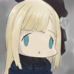  1girl asymmetrical_bangs bangs black_headwear blonde_hair blue_capelet blue_jacket blunt_bangs capelet fate_(series) flower fur_collar gradient_background green_eyes grey_background grey_flower hair_flower hair_ornament jacket long_hair lord_el-melloi_ii_case_files nomanota open_mouth reines_el-melloi_archisorte solo 