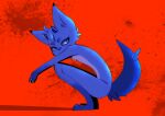  absurd_res anthro aoiyokaineo arms_on_knees blood blood_splatter blue_body blue_eyes blue_fur bodily_fluids canid canine crouching demon dipstick_limbs fox fox_tail fur hi_res horn hybrid looking_aside male mammal raised_tail red_background simple_background solo tail 