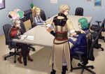  2boys 2girls absurdres ahoge anger_vein angry beard black_pants blonde_hair blue_eyes boots braid chair commission facial_hair fire_emblem fire_emblem:_three_houses fire_emblem_awakening fire_emblem_engage fire_emblem_fates fire_emblem_heroes fujoshi glasses green_hair grey_hair hairband heart high_ponytail highres jade_(fire_emblem) kayksyla leather leather_boots long_hair looking_at_another low_twin_braids multiple_boys multiple_girls nina_(fire_emblem) office_chair owain_(fire_emblem) pants parted_bangs second-party_source seteth_(fire_emblem) swivel_chair twin_braids writing yellow_eyes 