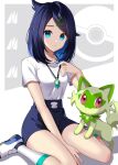  1girl between_legs black_hair black_shorts blue_eyes commentary_request cowlick gem green_gemstone hair_ornament hairclip hand_between_legs hand_up highres ichi_(1dotdot_151) jewelry liko_(pokemon) looking_at_viewer necklace parted_lips poke_ball_symbol pokemon pokemon_(anime) pokemon_(creature) pokemon_horizons shirt shoes shorts sitting socks sprigatito white_footwear white_shirt white_socks 