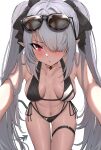  1girl absurdres bikini black_bikini blue_archive blush breasts dark-skinned_female dark_skin demon_tail eyewear_on_head grey_hair hair_over_one_eye hair_ribbon highres iori_(blue_archive) iori_(swimsuit)_(blue_archive) long_hair looking_at_viewer midriff multi-strapped_bikini_bottom navel pointy_ears reaching reaching_towards_viewer red_eyes ribbon simple_background solo sunglasses swimsuit tail take978733141 thigh_strap twintails very_long_hair white_background 