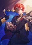  1boy alternate_color asuka_r._kreutz black_gloves book detached_cape gloves grimoire guilty_gear guilty_gear_strive long_sleeves looking_at_viewer male_focus one_eye_covered online_neet red_hair short_hair yellow_eyes 