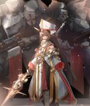  1girl 2boys armor breasts brown_hair chinese_commentary cross detached_sleeves fantasy full_armor gun highres horns large_hat long_hair multiple_boys nearly_naked_tabard original pointy_ears polearm red_eyes rifle sideboob spear tabard weapon white_tabard zhuoge_141_hao 