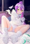  1girl bed_sheet bibi_(tokoyami_towa) blush bound bound_wrists breasts city colored_inner_hair commentary_request demon_tail demon_wings eyelashes feet foot_focus full_body gloves goggles goggles_on_head green_eyes hair_between_eyes highres hololive hood hood_down indoors knee_up kou_futoshi leaning_back leaning_to_the_side legs long_sleeves looking_at_viewer loose_socks micro_shorts multicolored_hair nail_polish night official_alternate_costume own_hands_together paid_reward_available parted_bangs partially_visible_vulva pink_hair ponytail puffy_long_sleeves puffy_sleeves purple_hair ribbon see-through see-through_sleeves shiny_skin shoes shoes_removed shorts sidelocks small_breasts sneakers socks soles solo sports_bra spread_toes streaked_hair suggestive_fluid tail teeth thighs toenail_polish toenails toes tokoyami_towa tokoyami_towa_(5th_costume) virtual_youtuber white_footwear white_gloves white_hair white_ribbon white_socks white_sports_bra white_tail white_wings wings worried 