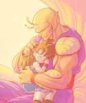  2boys ^_^ antennae biceps black_hair black_nails blue_pants blush child closed_eyes closed_mouth colored_skin commentary_request dougi dragon_ball dragon_ball_super dragon_ball_super_super_hero dragon_ball_z fingernails hair_between_eyes hand_on_another&#039;s_head happy highres hug koukyouji long_hair male_child male_focus multiple_boys muscular muscular_male namekian orange_piccolo orange_skin pants piccolo pointy_ears purple_pants red_sash red_wristband sash simple_background sitting smile son_gohan spiked_hair wristband yellow_background 