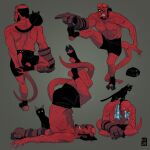  animal animal_on_back animal_on_shoulder black_cat black_hair broken_horn cat colored_sclera colored_skin dana_terrace demon_boy demon_tail facial_hair goatee grey_background hairy hellboy hellboy_(comic) highres hooves horns long_sideburns male_focus mature_male muscular muscular_male plump red_skin scar short_hair sideburns solid_eyes stretching sweatdrop tail towel towel_around_neck yellow_sclera 