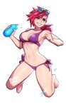  1girl alternate_costume artist_name balloon barefoot blue_eyes blushyspicy breasts cleavage collarbone grin hair_between_eyes holding holding_balloon jumping large_breasts league_of_legends long_hair navel outline red_hair shiny_skin smile solo stomach sunglasses teeth transparent_background vi_(league_of_legends) white_outline 