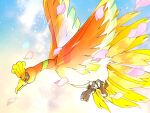  bird closed_mouth commentary_request day falling_petals flying from_side highres ho-oh no_humans outdoors petals pokemon pokemon_(creature) solo talons wafu_pkmn 