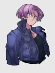  1boy black_shirt blue_eyes closed_mouth dragon_ball dragon_ball_z grey_background jacket kemachiku long_sleeves looking_at_viewer male_focus open_clothes open_jacket purple_hair shirt short_hair simple_background trunks_(dragon_ball) trunks_(future)_(dragon_ball) upper_body 