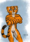  absurd_res angry_expression anthro convenient_censorship crossed_arms dreamworks felid female hi_res kung_fu_panda looking_at_viewer mammal master_tigress nakedpillow nude pantherine raised_tail red_eyes simple_background simple_coloring solo stripes tail tiger 