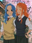  2girls alternate_costume blue_hair blurry blurry_background blush cherry_blossoms closed_eyes collared_shirt commentary_request earrings hand_on_another&#039;s_hip hand_on_own_hip highres jewelry long_hair long_sleeves looking_at_another multiple_girls nami_(one_piece) necktie nefertari_vivi one_piece orange_hair orange_nails outdoors parted_lips pearl_earrings pleated_skirt red_necktie school_uniform shirt single_sidelock skirt sleeves_rolled_up smile sweater_vest upper_body urasanmyaku watch wavy_hair white_shirt wristwatch 
