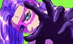  1boy blue_eyes close-up domino_mask gloves green_background jojo_no_kimyou_na_bouken long_hair male_focus mask melone outstretched_hand ruushii_(lucy_steel6969) solo vento_aureo 