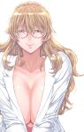  1girl blonde_hair blue_eyes breasts cleavage closed_mouth cola glasses highres kio_shimoku large_breasts long_hair long_sleeves looking_at_viewer mole mole_under_eye open_clothes open_shirt original round_eyewear shiny_skin shirt simple_background smile solo squinting upper_body white_background white_shirt 
