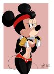  2023 4_fingers accessory anthro areola athletic athletic_anthro athletic_female big_nose black_body black_eyes black_hair black_nose bodily_fluids bottomwear breasts bunbunmuffins clothed clothing digital_media_(artwork) disney female fingers fur hair half-closed_eyes headband hi_res long_tail mammal minnie_mouse mouse multicolored_body murid murine narrowed_eyes navel nipples open_mouth rodent shorts signature solo sweat tail tan_body topless towel two_tone_body white_body white_fur 