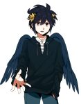  1boy alternate_costume angel angel_wings black_hair cowboy_shot cross dark_pit hand_in_pocket kid_icarus kid_icarus_uprising kinagi_(3307377) laurel_crown looking_at_viewer male_focus red_eyes simple_background standing sweater white_background wings 