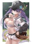  1girl baseball baseball_cap baseball_mitt baseball_uniform bb_(fate) bb_(swimsuit_mooncancer)_(fate) belt braid breasts fate/grand_order fate_(series) hand_on_own_hip hat highres large_breasts long_hair microskirt navel petals purple_eyes purple_hair shino_(eefy) skirt sportswear star_(symbol) twin_braids 