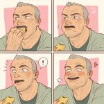  ! 1boy aaron_gruber_(o_natsuo88) bara beard_stubble blush chewing eating facial_hair food green_jacket green_shirt grey_hair happy heart highres holding holding_food jacket looking_down looking_to_the_side male_focus mature_male multiple_views mustache o_natsuo88 old old_man original receding_hairline scar scar_on_cheek scar_on_face shirt short_hair simple_background smile speech_bubble surprised thick_eyebrows thick_mustache wrinkled_skin 
