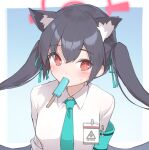  1girl animal_ear_fluff animal_ears armband black_hair blue_archive blush collared_shirt food hair_between_eyes hair_ribbon halo id_card long_hair miya_kazutomo mouth_hold necktie popsicle red_eyes ribbon safety_pin serika_(blue_archive) shirt simple_background solo sweat twintails upper_body very_long_hair white_shirt 