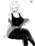  1girl android_18 belt breasts cleavage collarbone commission crossed_legs curvy dragon_ball dragon_ball_z forehead highres invisible_chair large_breasts looking_at_viewer monochrome norman_maggot off_shoulder open_mouth pantyhose short_hair sitting skirt solo striped_sleeves torn_clothes torn_pantyhose 