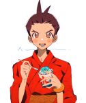  1boy ace_attorney antenna_hair apollo_justice blush_stickers bracelet brown_eyes brown_hair dot_nose eye_print food grgrton hands_up holding holding_food holding_spoon japanese_clothes jewelry kimono kooribata looking_at_viewer male_focus print_sash red_kimono sash shaved_ice short_hair simple_background solo spoon straight-on tongue tongue_out upper_body v-shaped_eyebrows white_background yellow_sash 