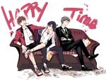  3boys ani_ni_tsukeru_kusuri_wa_nai black-framed_eyewear black_eyes black_hair black_necktie black_suit brown_eyes brown_hair candy collared_shirt couch crossed_arms crossed_legs food food_in_mouth glasses grey_hair hair_over_one_eye kai_xin lollipop male_focus multiple_boys necktie newspaper shi_fen shirt shoes short_hair shorts sitting sneakers suit swirl_lollipop wan_sui white_shirt you_ling 