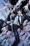  1boy black_hair black_necktie black_suit blue_eyes chainsaw_man cigarette closed_mouth disembodied_limb earrings extra_arms falling_petals formal ghost_devil_(chainsaw_man) hayakawa_aki highres holding holding_cigarette holding_sword holding_weapon irahi jewelry looking_at_viewer necktie oversized_limbs paint_splatter petals purple_nails shirt suit sword topknot weapon white_shirt 