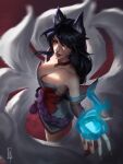  1girl ahri_(league_of_legends) animal_ears bare_shoulders black_hair breasts choker cleavage detached_sleeves ditahsdoh facial_mark fingernails fox_ears fox_tail from_above highres large_breasts league_of_legends long_hair looking_at_viewer magic red_choker red_nails sharp_fingernails shiny_skin signature smile solo tail whisker_markings 
