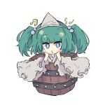  1girl blue_eyes bucket green_hair grey_shirt grey_sleeves hair_ornament kisume long_sleeves looking_at_viewer musical_note primsla shirt solo spoken_musical_note touhou whistling white_background wooden_bucket 