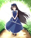  1girl akiira backlighting bare_arms black_hair black_ribbon bloom blue_bow blue_dress bow breasts bright_pupils brown_eyes bush commentary_request dress fairy_wings full_body hair_bow head_tilt highres light_smile long_hair looking_at_viewer neck_ribbon overexposure path petticoat puffy_short_sleeves puffy_sleeves ribbon shoes short_sleeves small_breasts solo split_mouth star_sapphire touhou v_arms very_long_hair walking wing_collar wings 