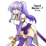  1girl alternate_costume alternate_hairstyle armor breasts circlet english_text fire_emblem fire_emblem:_genealogy_of_the_holy_war holding holding_sword holding_weapon julia_(fire_emblem) long_hair open_mouth pauldrons ponytail purple_eyes purple_hair shoulder_armor simple_background solo sword thighhighs thighs weapon yukia_(firstaid0) 