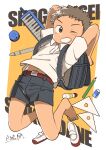  1boy artist_name bag barefoot belt brown_hair child english_text eraser flute glue gorishimaa green_eyes instrument keyboard_(instrument) looking_at_viewer male_focus navel one_eye_closed original pencil red_belt school_bag shirt shorts simple_background smile solo teeth triangle white_shirt 