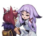 1boy 1girl animal_ears backpack bag blush character_request flying_sweatdrops fur_collar grey_hair grey_kimono japanese_clothes kimono league_of_legends long_hair long_sleeves mother_and_son open_mouth orange_eyes phantom_ix_row red_hair sett&#039;s_mother_(league_of_legends) sett_(league_of_legends) sharp_teeth shiny_skin simple_background teeth upper_teeth_only white_background wide_sleeves 