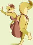  2023 absurd_res anthro apron barefoot breasts butt clothing dated digital_media_(artwork) feet female green_background green_body hi_res horn kobold looking_at_viewer looking_back looking_back_at_viewer open_mouth open_smile signature simple_background smile solo tohupo 