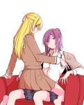  2girls bang_dream! barefoot blazer blonde_hair bowwow_(hamju94) brown_dress couch dress girl_on_top hair_ribbon hanasakigawa_school_uniform haneoka_school_uniform jacket long_hair looking_at_viewer looking_back medium_hair multiple_girls necktie on_couch open_clothes open_jacket plaid plaid_skirt purple_hair red_eyes ribbon sailor_collar school_uniform seta_kaoru shirasagi_chisato sitting skirt undone_necktie white_ribbon white_sailor_collar yuri 